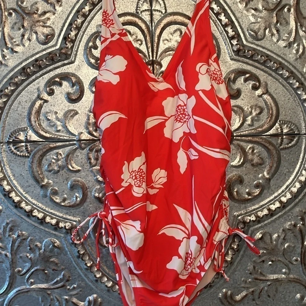 Kona Sol tropical floral one piece ruched side cinched full coverage size 18W